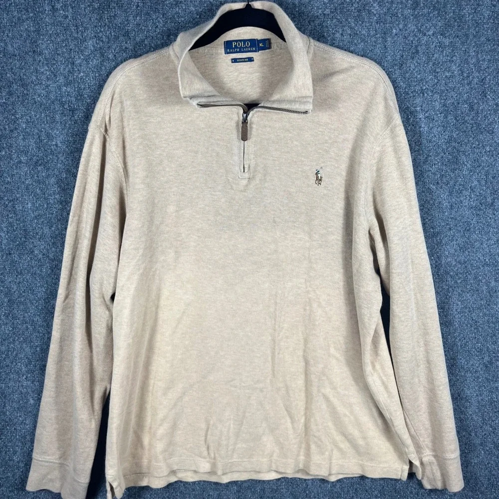 Polo Ralph Lauren Quarter Zip Mens XL Tan Estate Rib Cotton Pullover Sweater
